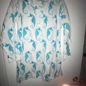 Pre-owned El Patio Swim Coverup Tunic Size L White Turquoise Seahorse Pattern